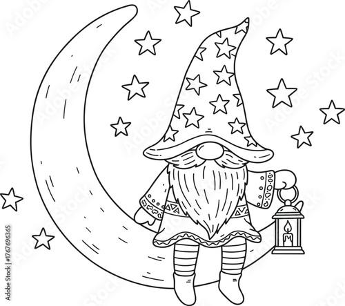 Whimsical gnome sitting on crescent moon with lantern and stars, fantasy celestial illustration, magical artwork, cad drawing flat vector design