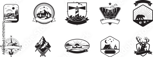 Outdoor adventure emblem silhouette vector set with offroad suv, mountain, lighthouse, waterfall, canoe, campfire and deer icons