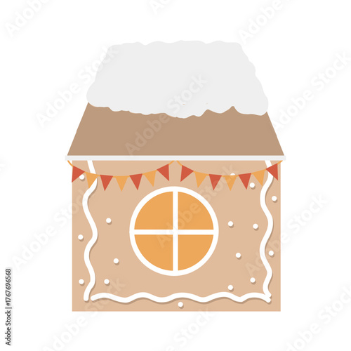 Vector illustration of a gingerbread house. Christmas market stall. Decorative gingerbread house. Vector flat illustration isolated on white background