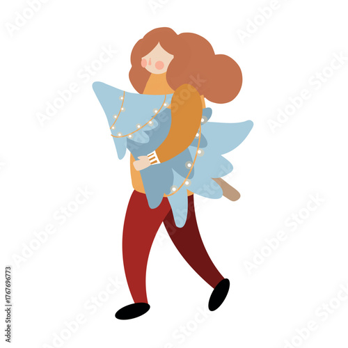 A woman carries a Christmas tree. Christmas people, vector flat illustration. Vector clip art isolated on white background