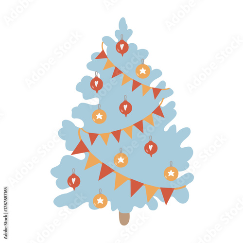 Vector flat illustration of a Christmas tree in retro style. Vintage blue tree with paper garland and Christmas decorations isolated on a white background. Decorative simplified New Years tree