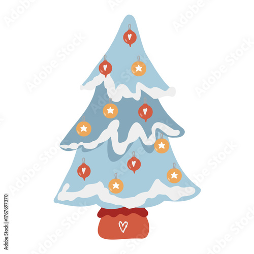 Vector flat illustration of a small Christmas tree in a bag. Blue snow-covered tree with Christmas balls isolated on a white background. Decorative simplified New Years tree. Christmas decor