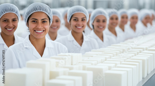 Soap Factory, Wide shot of a soap manufacturing floor featuring workers, showcasing the industrial process and environment in high fidelity.