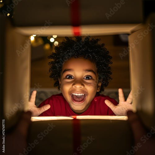 Excited African American child looking down into a glowing gift box from a unique point of view, expressing true joy and surprise indoors during the Christmas holidays.