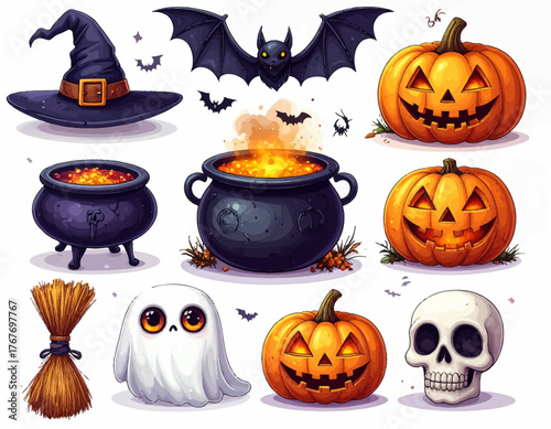 Halloween-themed graphic resources including pumpkins, witch hat, broom, cauldron, ghost, skull, and bats on a white background with a spooky mood.