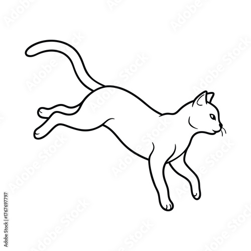 Line art depicts a cat leaping It has a curved body extended legs an upturned tail and a defined head with details like ears and whiskers