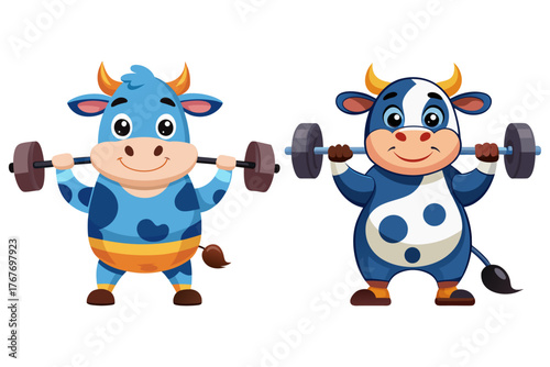 Two cheerful, plump cartoon cows working out together, lifting a shiny barbell in a playful 3D style