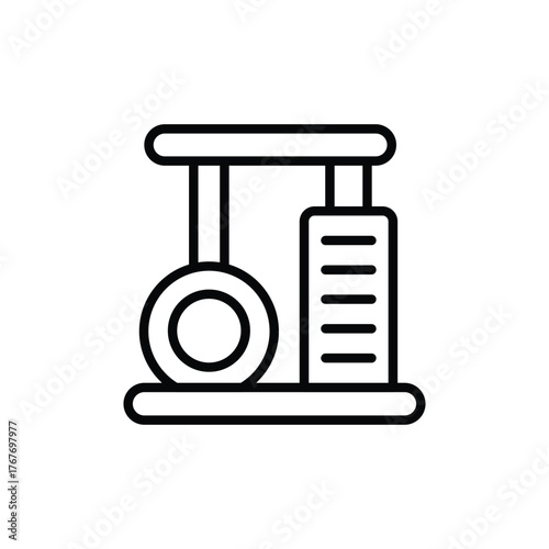 Outline of a cat play structure with a hanging circle toy and a scratching post presented in a simplistic graphic style