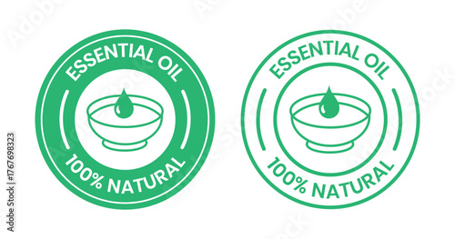 Essential oil drop icon beauty and skincare natural product certificate label. Essential oils sticker logo for body lotion, cream, shampoo, moisturizer, spa wellness fragrance. Vector Illustration.