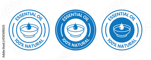 Essential oil drop icon beauty and skincare natural product certificate label. Essential oils sticker logo for body lotion, cream, shampoo, moisturizer, spa wellness fragrance. Vector Illustration.