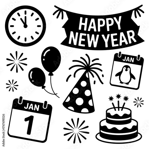 Collection of new years eve celebration icons including a clock, balloons, party hat, cake, and calendars, , representing festive elements for welcoming the new year