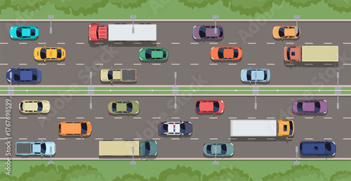 Top view of multiple colorful cars and trucks on a multi-lane highway during rush hour traffic congestion. Vector Illustration