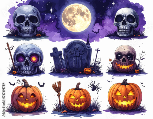 Halloween-themed illustration of skulls, jack-o-lanterns, and tombstones against a spooky night sky with a full moon, featuring a watercolor style with vibrant purple and orange hues.