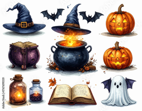 Flat lay of Halloween-themed items including witch hats, pumpkins, cauldron, book, ghost, and jars on a white background with warm tones.