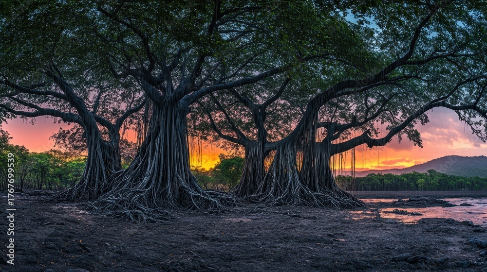 Fototapeta premium Ancient Banyan Trees Silhouetted Against the Sunset Sky