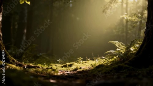 Golden Sunlight Filters Through Lush Green Forest Canopy Illuminating Ferns and Mossy Ground Path