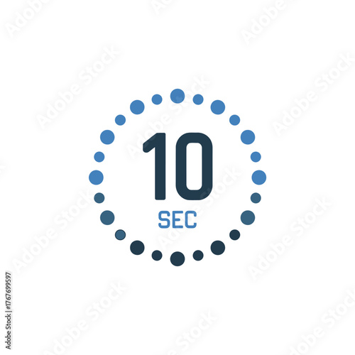Circular timer countdown graphic showing ten seconds remaining with blue dots