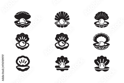 Open oyster shell icon set, pearl symbol, pearl logo, oyster shell icon design, vector illustration EPS.
