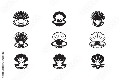 Stylized scallop shells with pearls, oyster pearl open shell, pearl simple flat design, vector illustration EPS .
