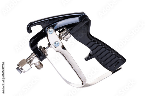 Professional metal spray gun isolated on white — ideal for industrial design, woodworking, automotive painting, coating tools, and DIY equipment visuals