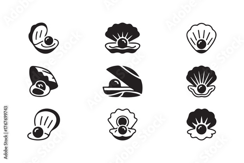 Open oyster shell icon set, pearl symbol, pearl logo, oyster shell icon design, vector illustration EPS.