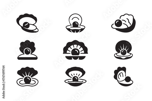 Pearls seashells icons set, oyster shell symbolizes, various pearl oyster shells, vector illustration EPS.