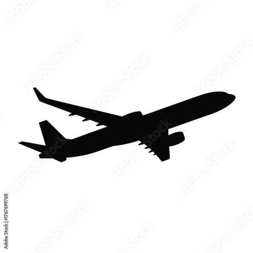 Silhouette of a modern passenger jet airplane taking off against a white background