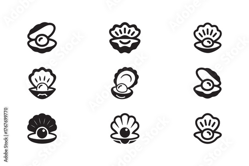 Stylized scallop shells with pearls, oyster pearl open shell, pearl simple flat design, vector illustration EPS .