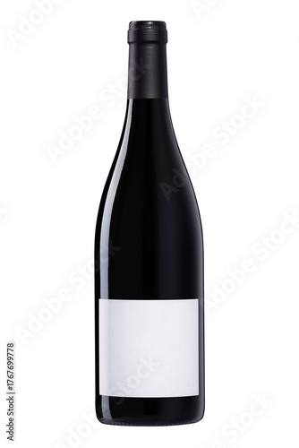 Premium red wine bottle mockup with blank label and black cap isolated on white, ideal for branding, packaging design, product presentation, and advertising visuals for wineries or luxury drinks