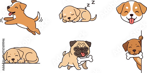 Cartoon dogs puppies pets animals cute playful sleeping pug bone vector drawing