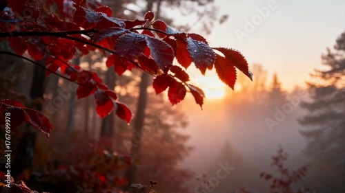 Golden Sunrise Through Autumn Forest Canopy With Red Leaves and Morning Mist