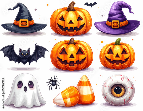 Halloween icons including pumpkins, witches' hats, a ghost, candy, and bats on a white background with a spooky mood.