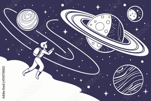 Astronaut Exploring a Stylized Galaxy with Planets and Stars space cosmos