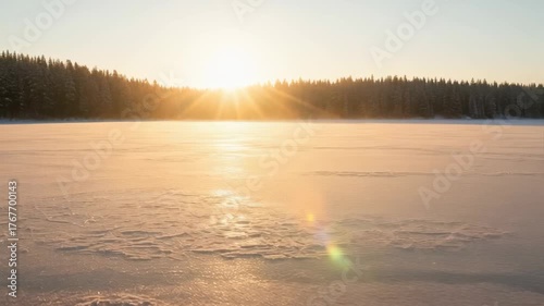 Golden Sunset Over Frozen Lake With Pine Forest Silhouette On Horizon Soft Winter Light Golden Hour Warm Tones