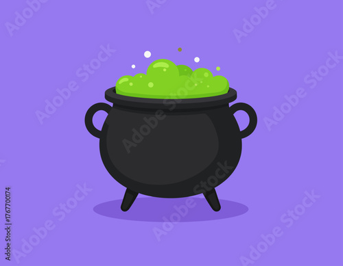 A cartoon black cauldron with green bubbling potion against a purple background with a flat design and vibrant color scheme.