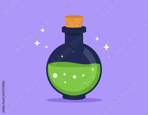 A dark glass bottle with a cork stopper contains glowing green liquid against a purple background with sparkles.