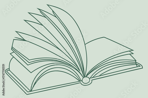 Open book with fanned pages in simple line art style on muted background reading