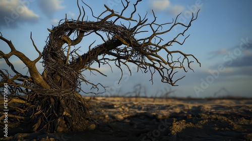 Barbed Wire Twisted Around Dead Tree Branches in Harsh Sunlight