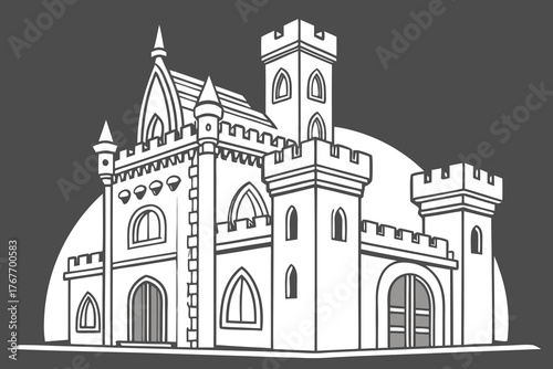 Ornate castle with towers and arched windows on a dark gray background building architecture