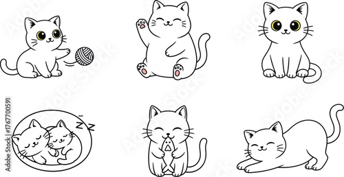 Cartoon cats kittens cute playful sleeping fish yarn happy adorable domestic