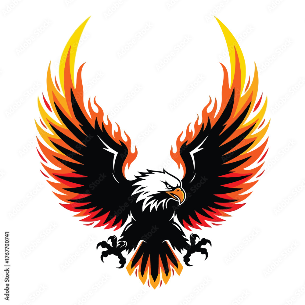 Obraz premium Fiery eagle vector illustration isolated on white background a majestic eagle with wings spread wide, engulfed in flames, symbolizing power, freedom, and resilience
