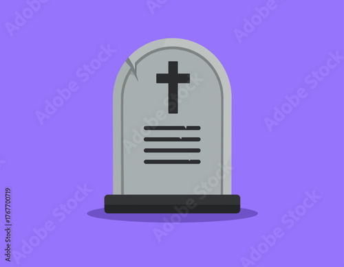 Gray tombstone with a cross on a purple background, featuring a cracked surface and horizontal lines, in a flat graphic design.