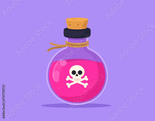 A cartoon illustration of a glass bottle with a cork stopper containing pink liquid and a white skull and crossbones symbol on a purple background.