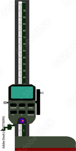 A Digital Height Gauge isolated on a white background, It is a precision instrument for measuring object height relative to a reference surface, featuring a clear digital display.