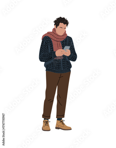 Minimalist vector illustration of a person in a chunky navy knit sweater, rust scarf, brown pants, tan boots, looking down at a phone on transparent background