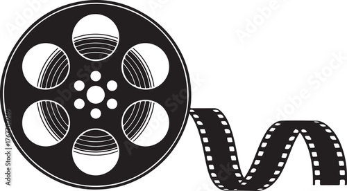 Black and white graphic illustration of a film reel with film strip cinema movie