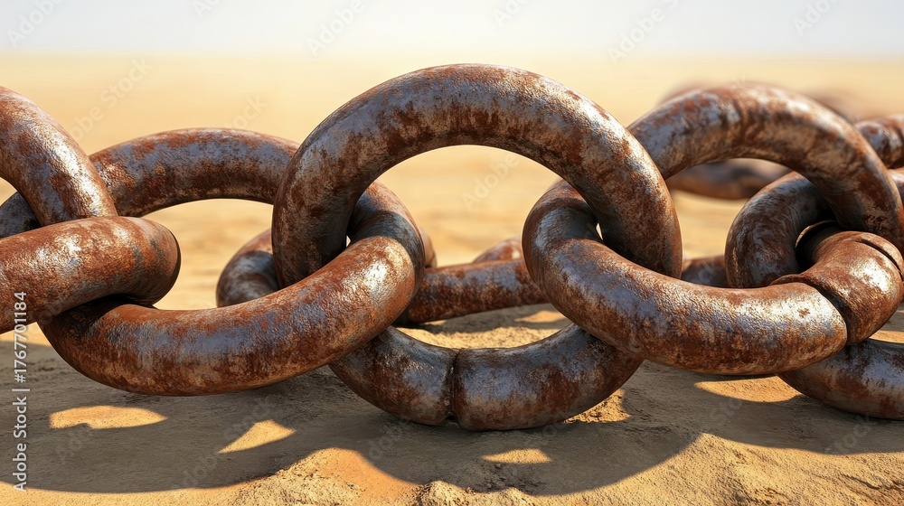Fototapeta premium Close Up Of Rusty Metal Chains Interconnected on a Sandy Surface