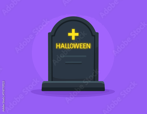 Graphic illustration of a black tombstone with a yellow cross and the word 'HALLOWEEN' on a purple background.