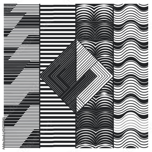 This striking black and white abstract pattern features a central diamond shape surrounded by sharp, linear stripes and flowing wave-like elements. The contrast between the rigid lines and fluid.