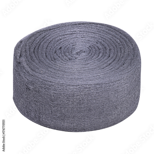 Close-up of rolled steel wool pad on white background, showing coarse metallic texture. Industrial cleaning and polishing material ideal for surface preparation, woodworking, and metal finishing